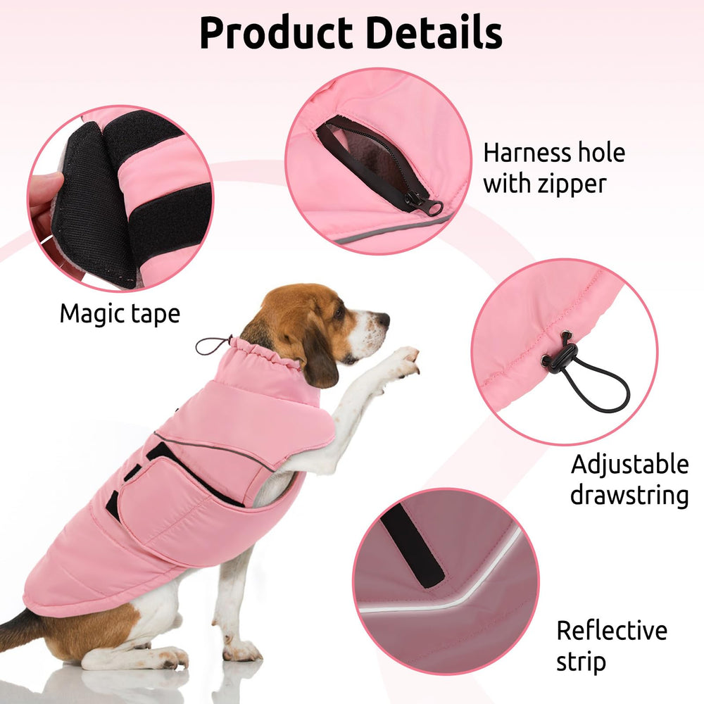 Preferhouse pink winter coat side view demonstrating full body coverage and secure fit