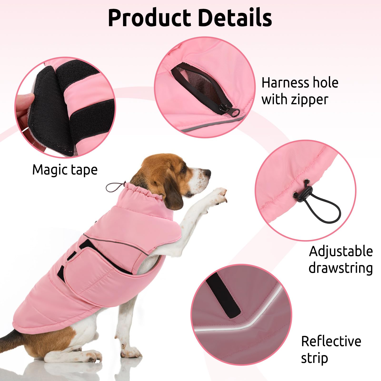 Preferhouse extra-large pink dog coat back view with reflective safety details