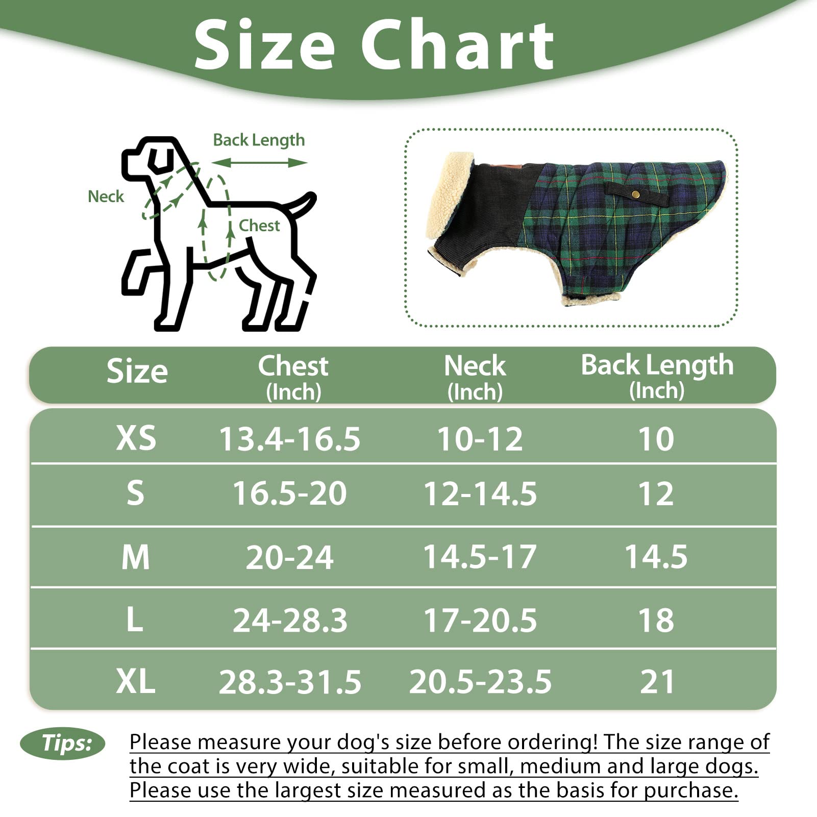 Preferhouse plaid design dog coat green M front view showing neat fit