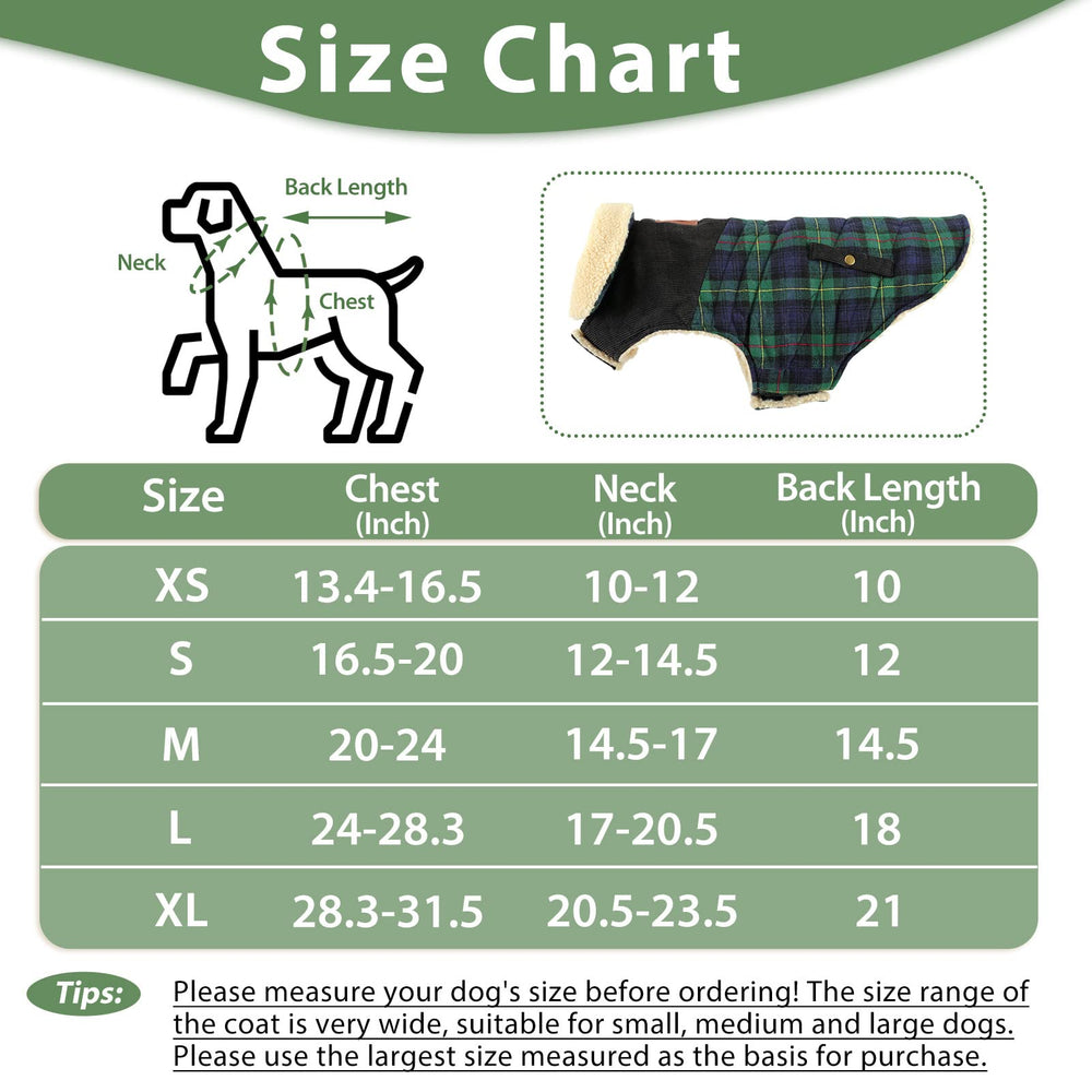 Preferhouse plaid design dog coat green M front view showing neat fit