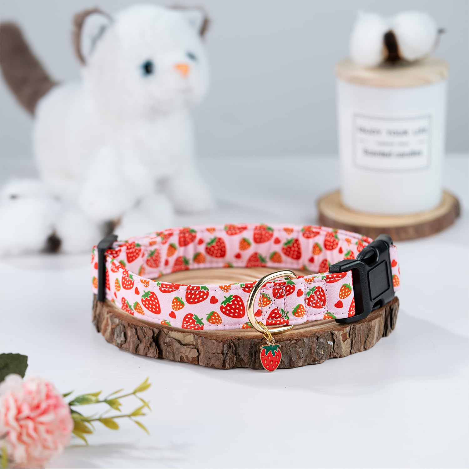 PREHAI pink strawberry pendant collar adds cute charm for girl dogs