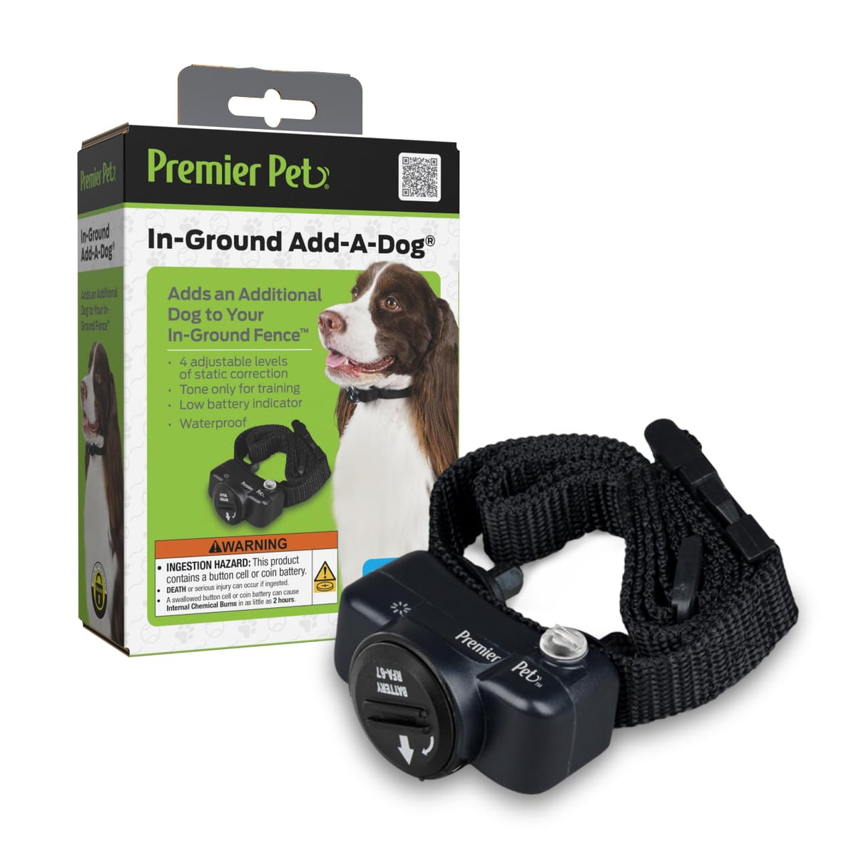 Premier Pet Add-A-Dog Collar packaging showing expansion for multi-dog fencing