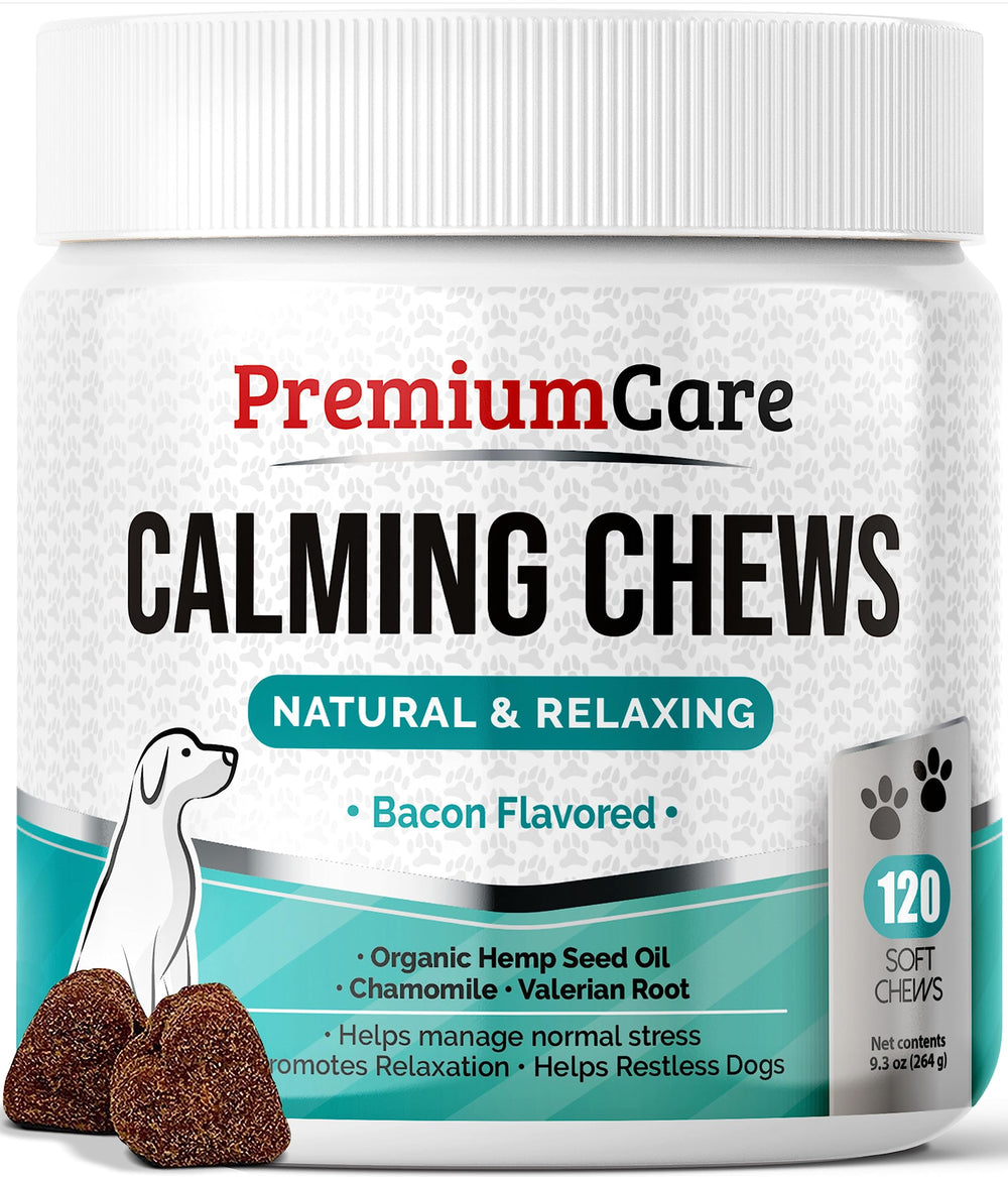 PREMIUM CARE Calming Chews bottle front offering stress relief for anxious dogs.