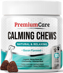 PREMIUM CARE Calming Chews bottle front offering stress relief for anxious dogs.