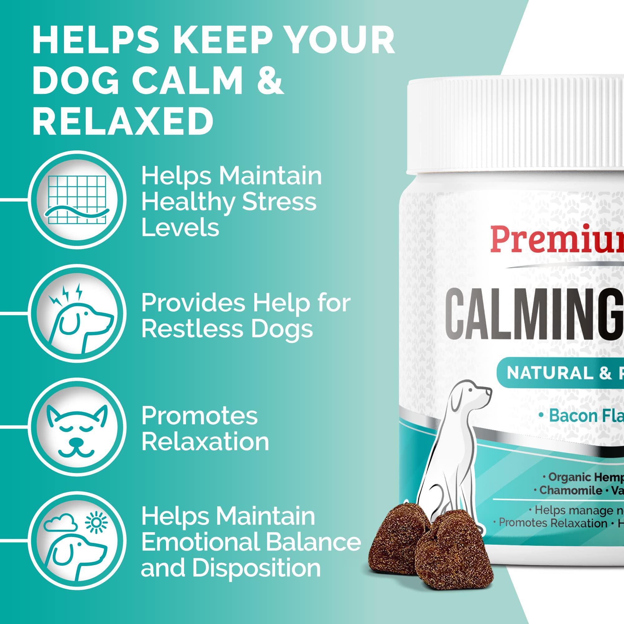 PREMIUM CARE Calming Chews bottle side with bacon flavor for soothing nervous dogs during storms.