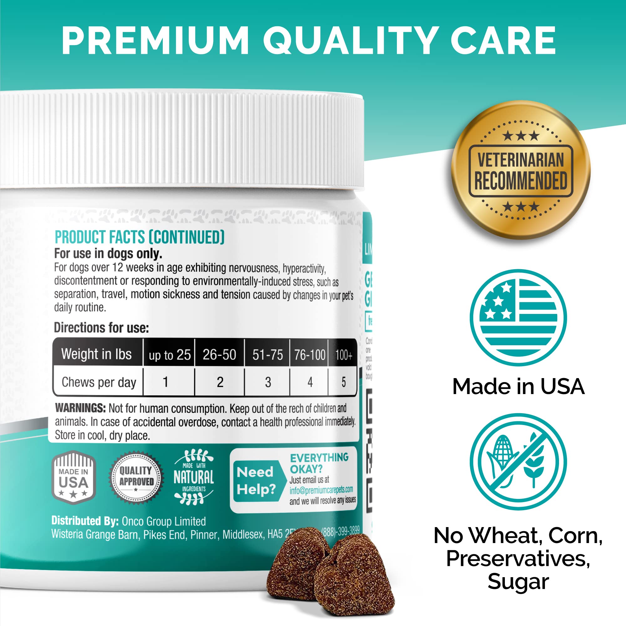PREMIUM CARE Calming Chews natural ingredients label featuring passion flower and chamomile.