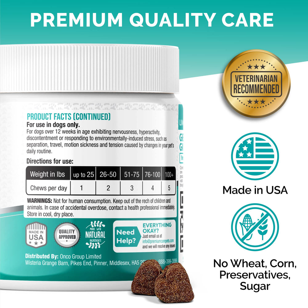 PREMIUM CARE Calming Chews natural ingredients label featuring passion flower and chamomile.