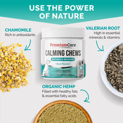 PREMIUM CARE Calming Chews closeup bacon flavor reveals natural ingredients for calm behavior.