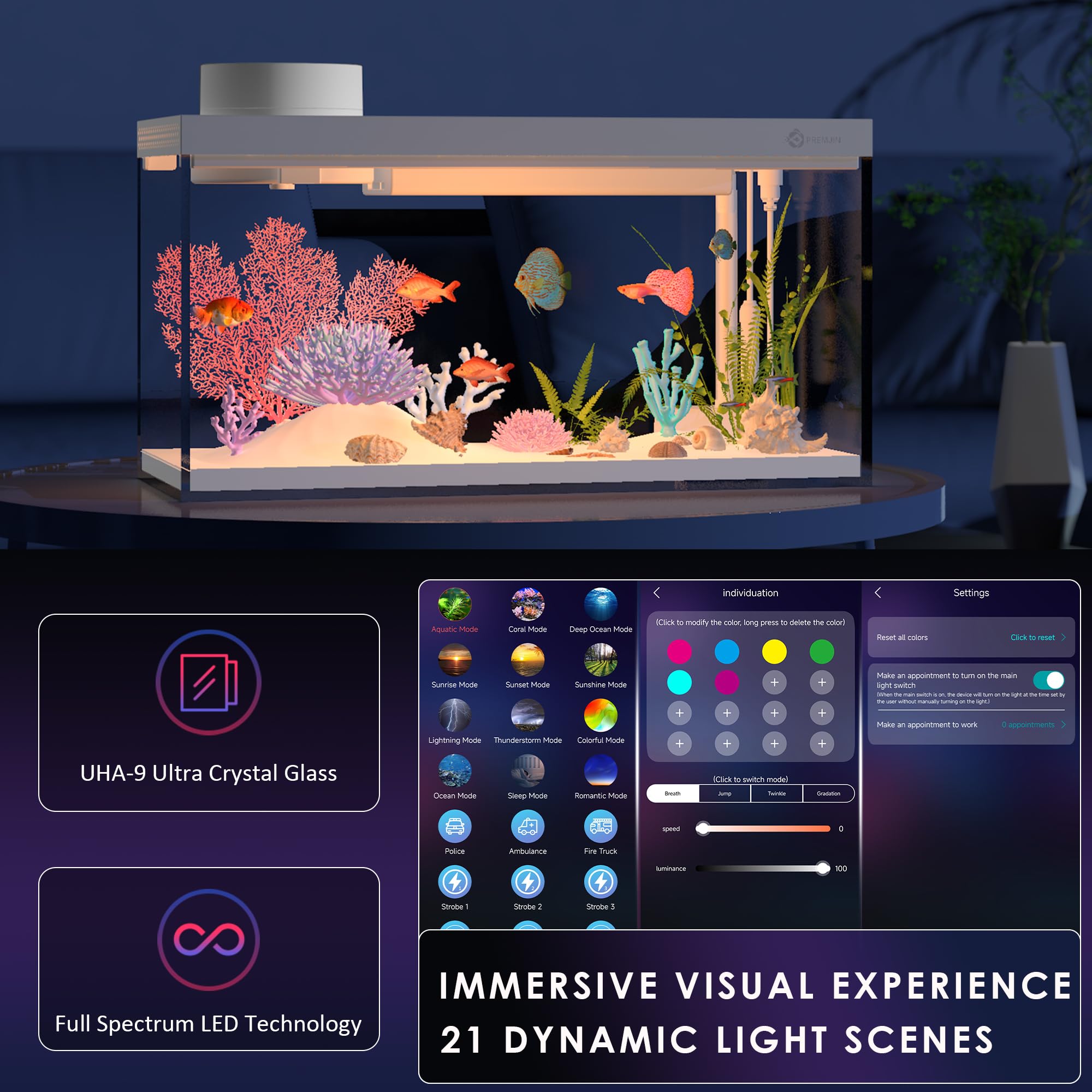 Premjin Smart Fish Tank app control shows Bluetooth usage