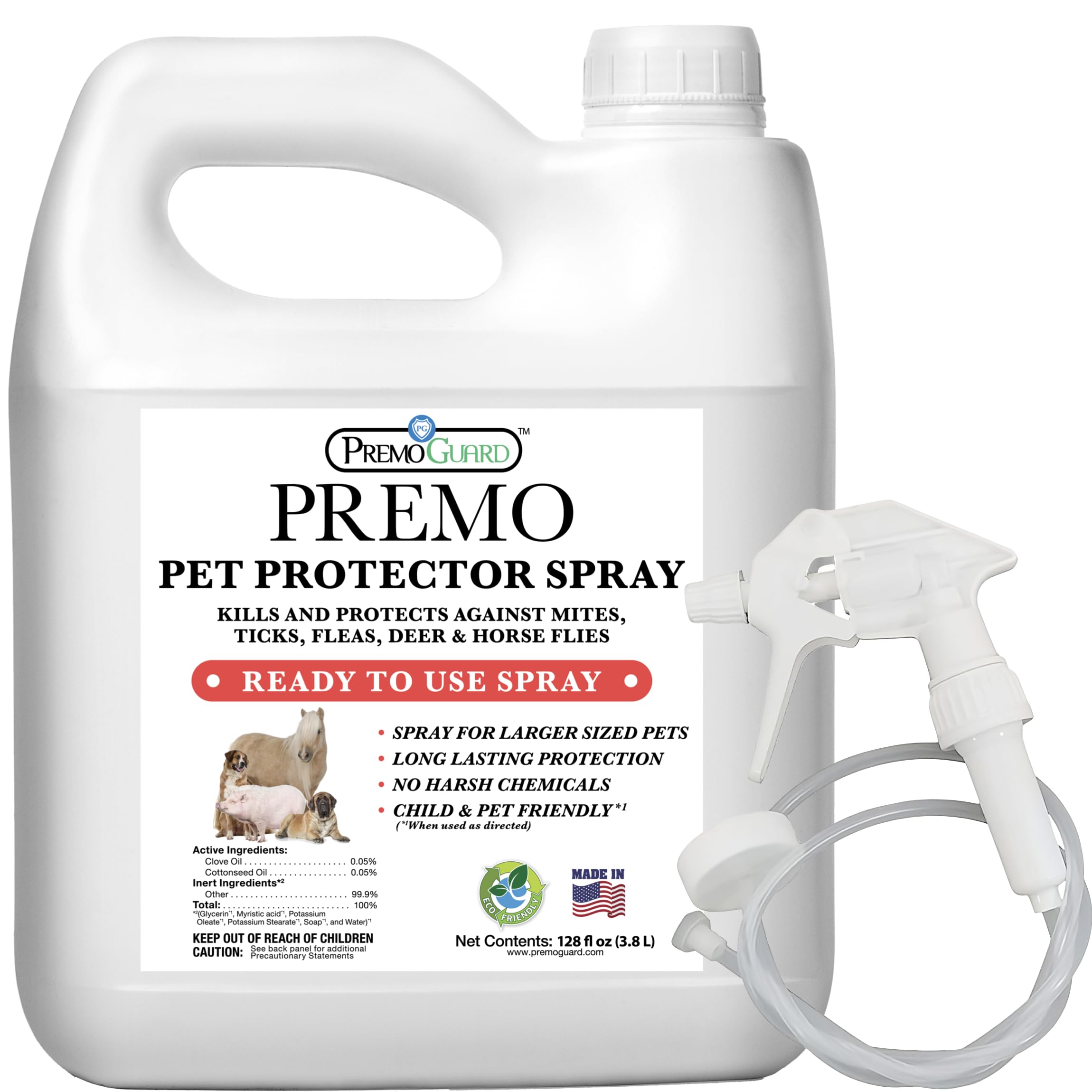 Premo Guard bottle label shows natural plant-based formula for pet protection and home safety.
