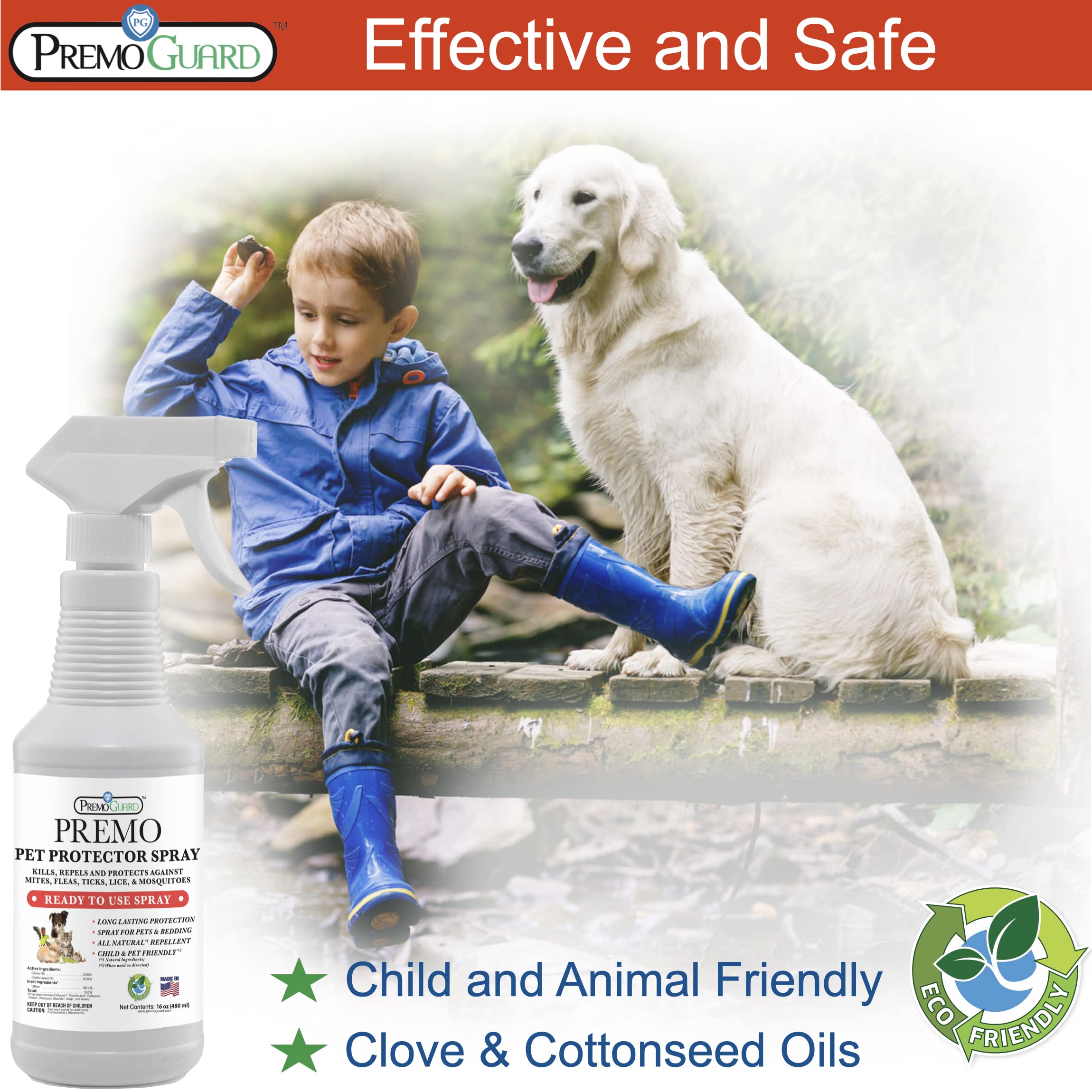 Premo Guard pet protector spray on dog coat for year-round protection.