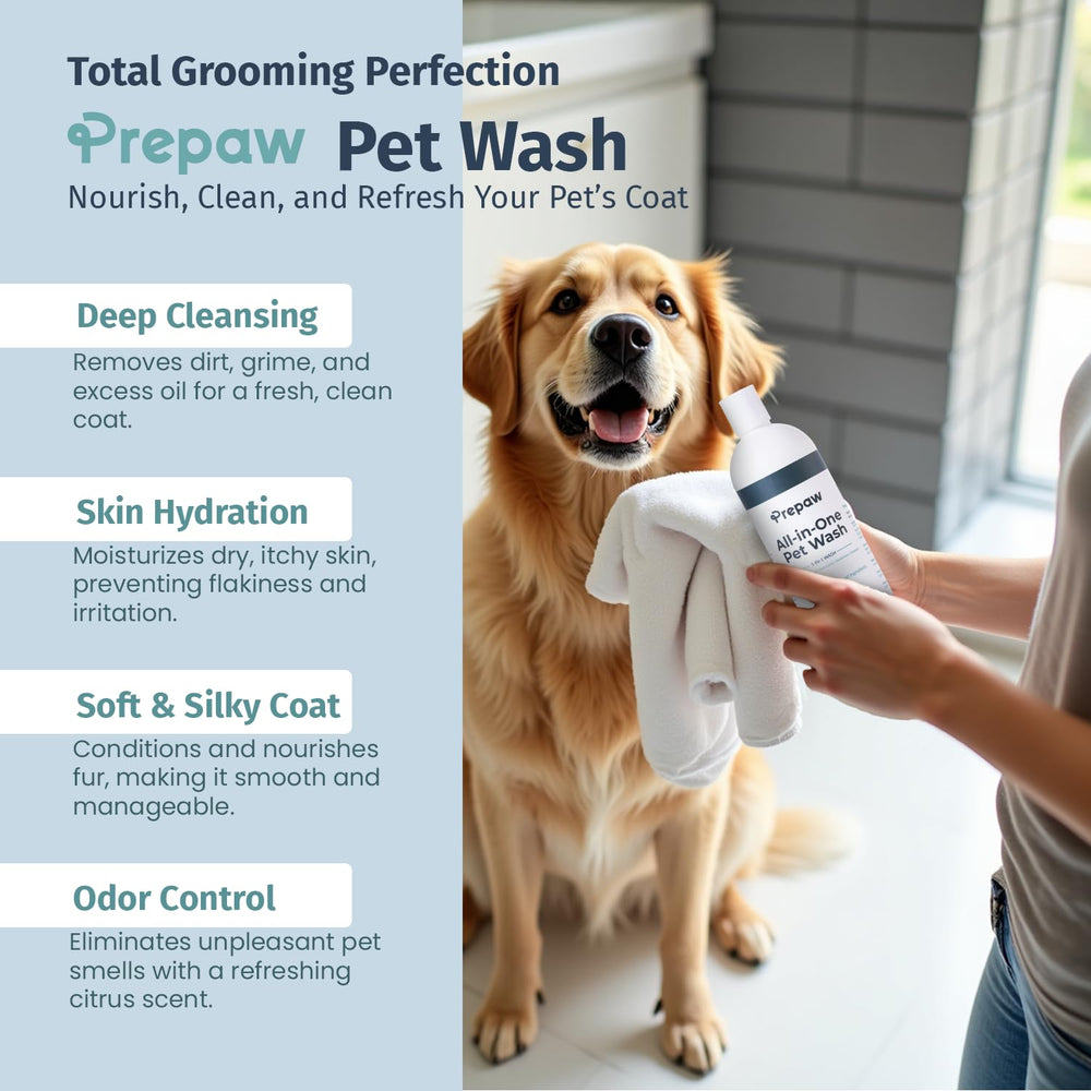 PREPAW Pet Wash label closeup confirms sulfate-free formula for sensitive skin.
