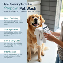 PREPAW Pet Wash label closeup confirms sulfate-free formula for sensitive skin.