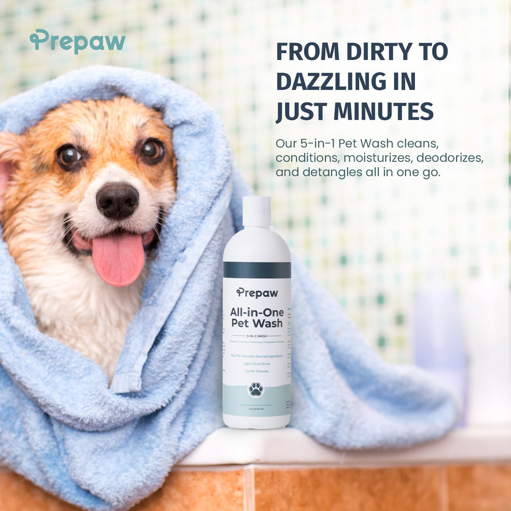PREPAW Pet Wash light citrus scent image signals lasting freshness after baths.