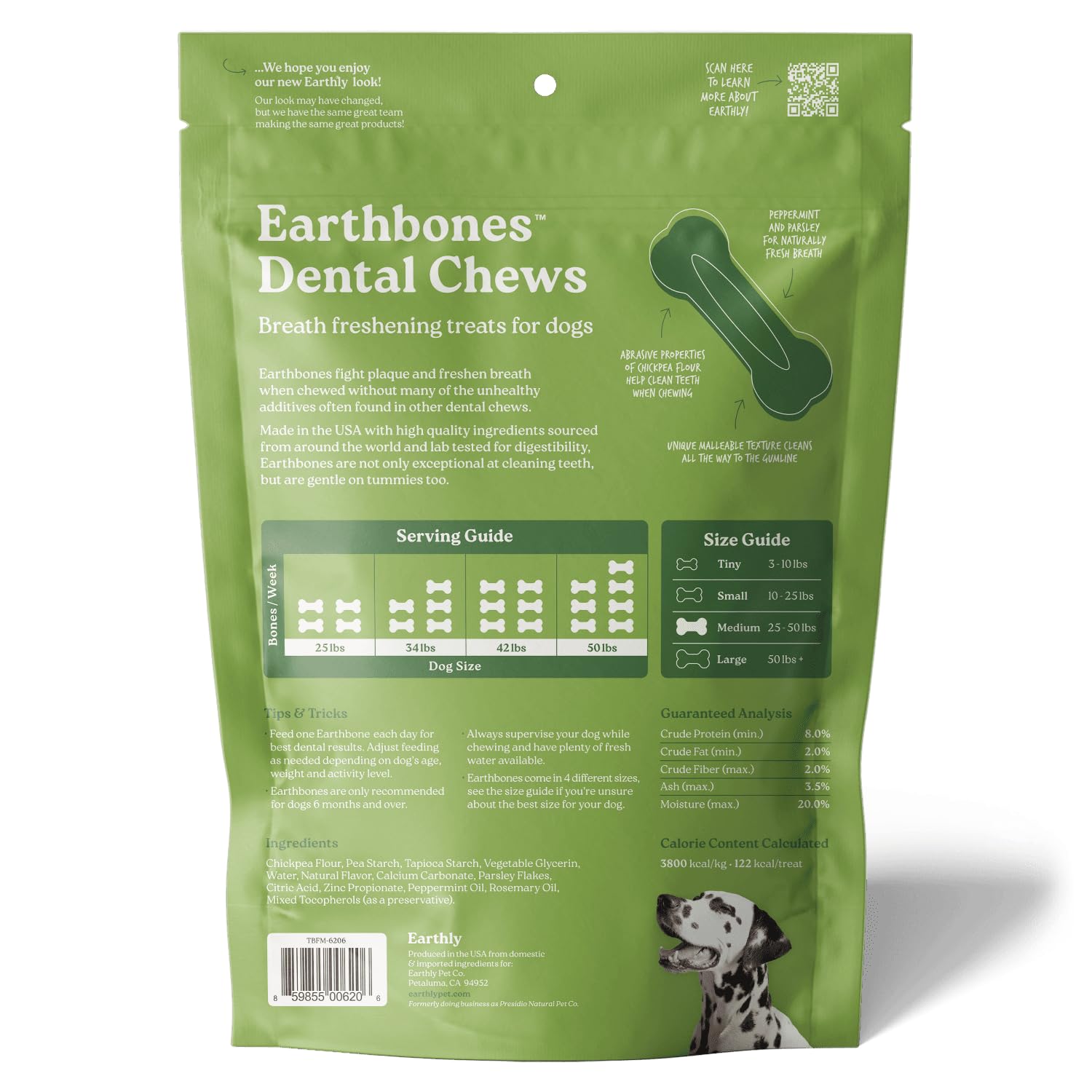 Presidio Earthbones tin open displays 10 treats ready for daily dental routines.