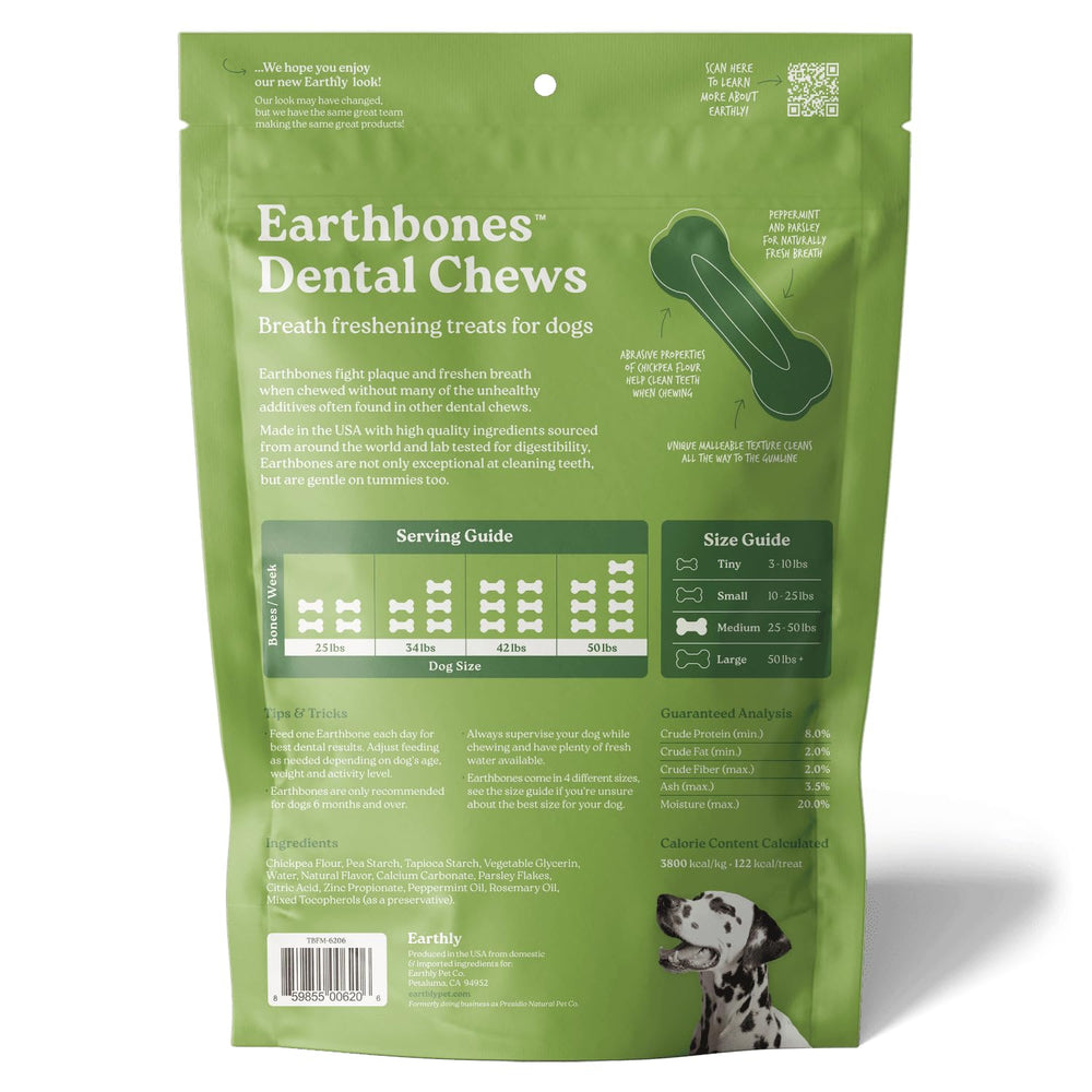 Presidio Earthbones tin open displays 10 treats ready for daily dental routines.
