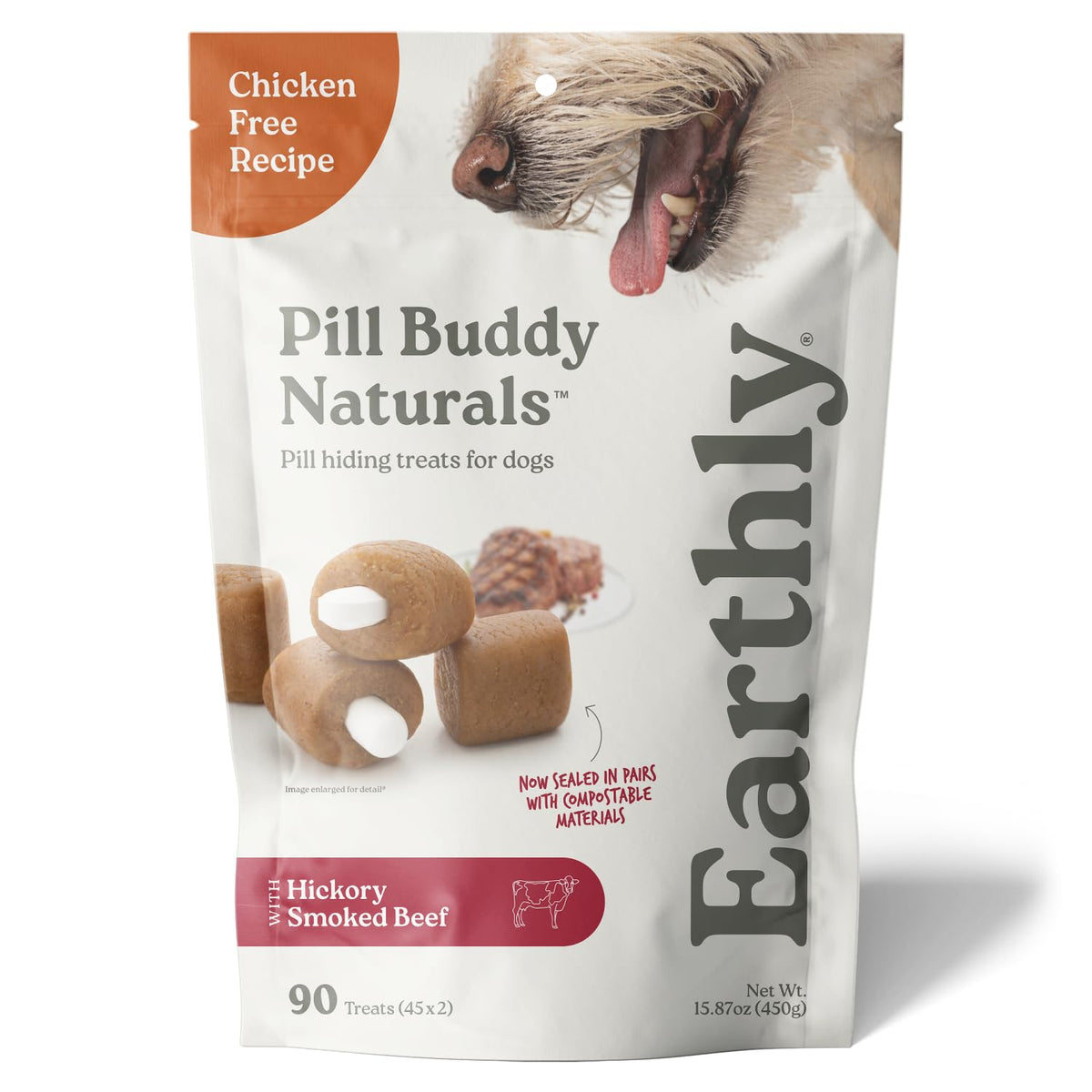Presidio Earthly Pill Buddy beef packaging demonstrates travel-ready pill concealment for dogs