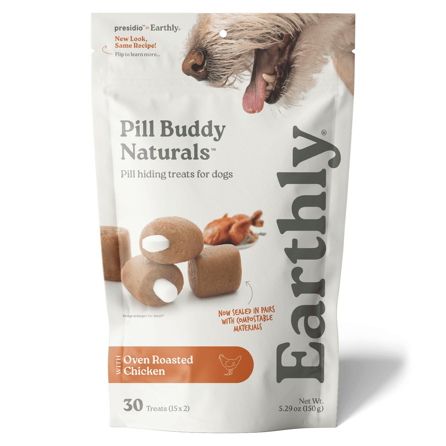 Presidio Earthly Pill Buddy Naturals chicken-recipe packaging shows fresh, tasty pill-hiding treats.