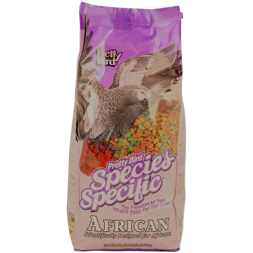 Pretty Bird African Bird Food 8lb bag with balanced calcium for healthy beak support.