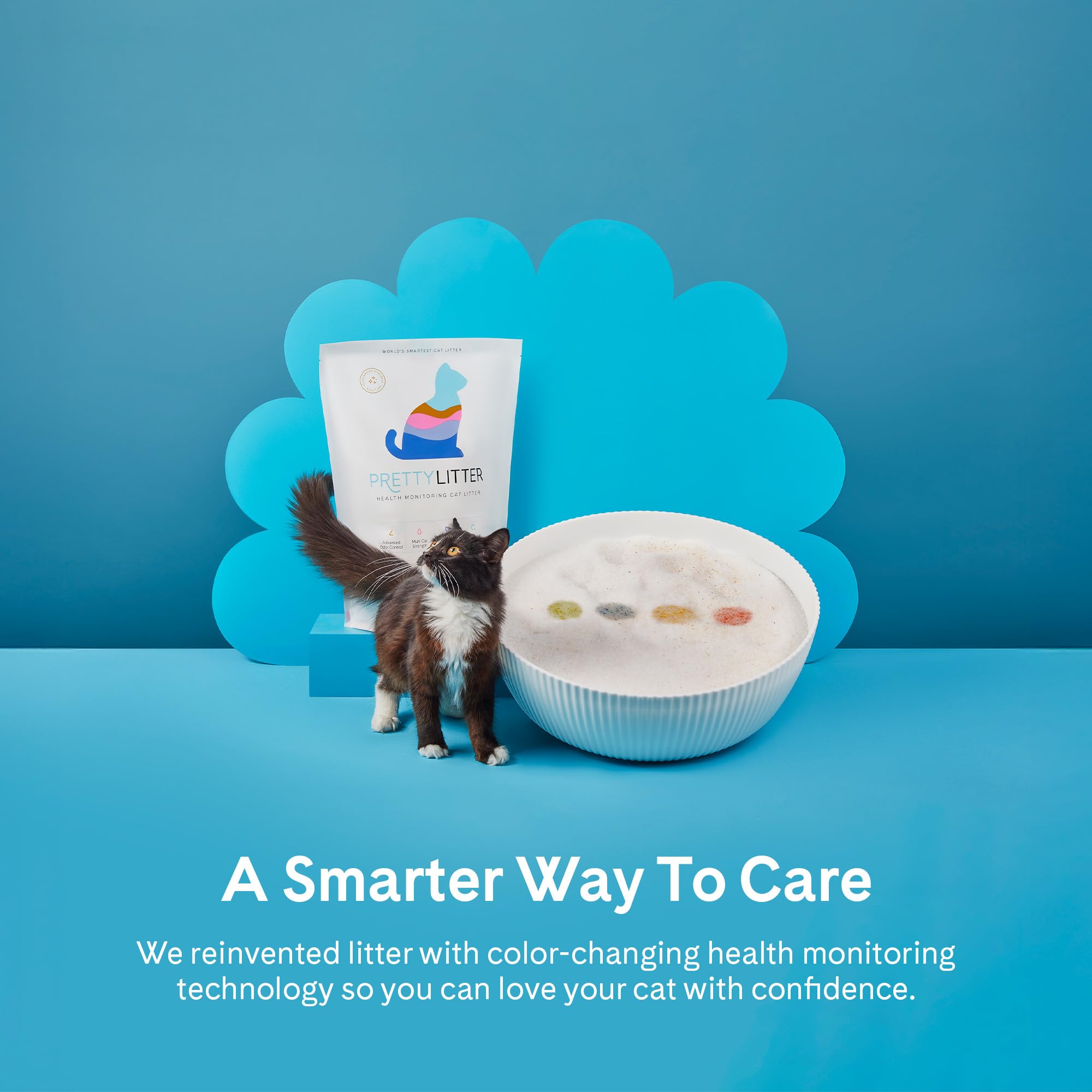 PrettyLitter lightweight litter in litter box demonstrates minimal tracking and quick scoop.