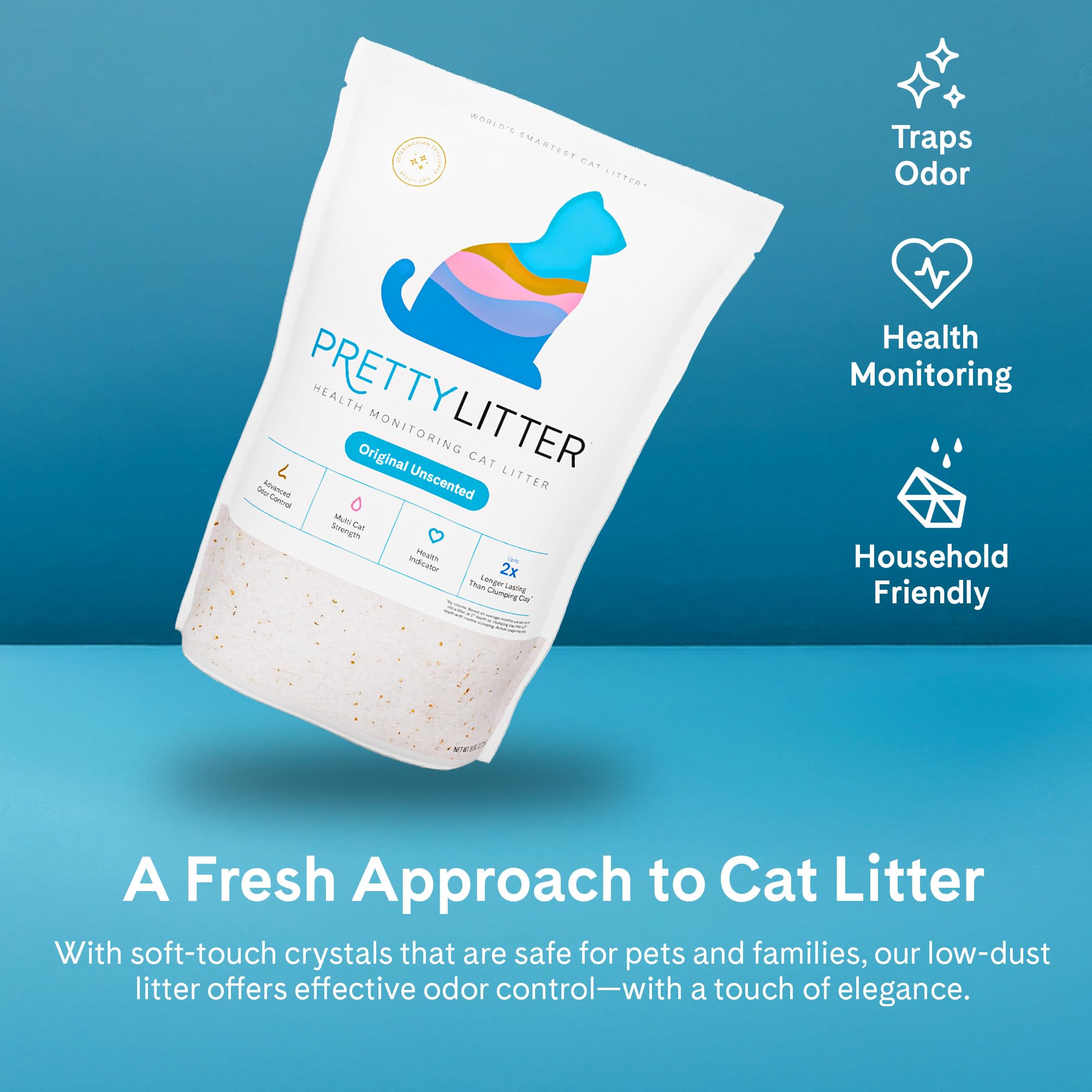 PrettyLitter crystals absorb moisture for odor control