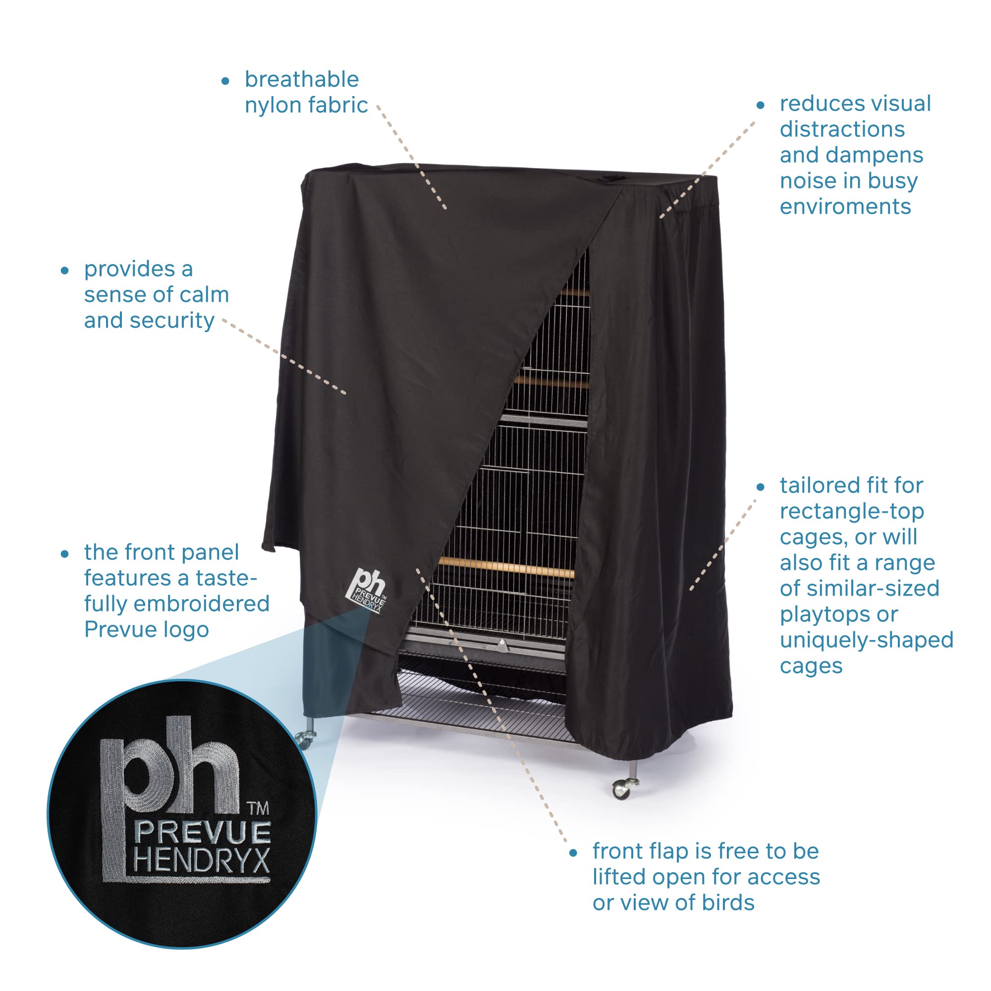 Prevue Hendryx Good Night logo detail on black fabric communicates brand and quality.