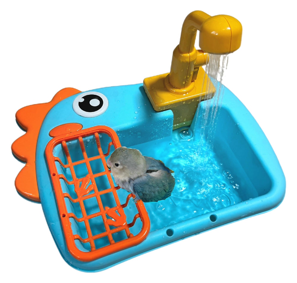 PRFOKEY Bird Bathing Tub faucet close-up showing gentle water flow for small birds' hydration and preening.