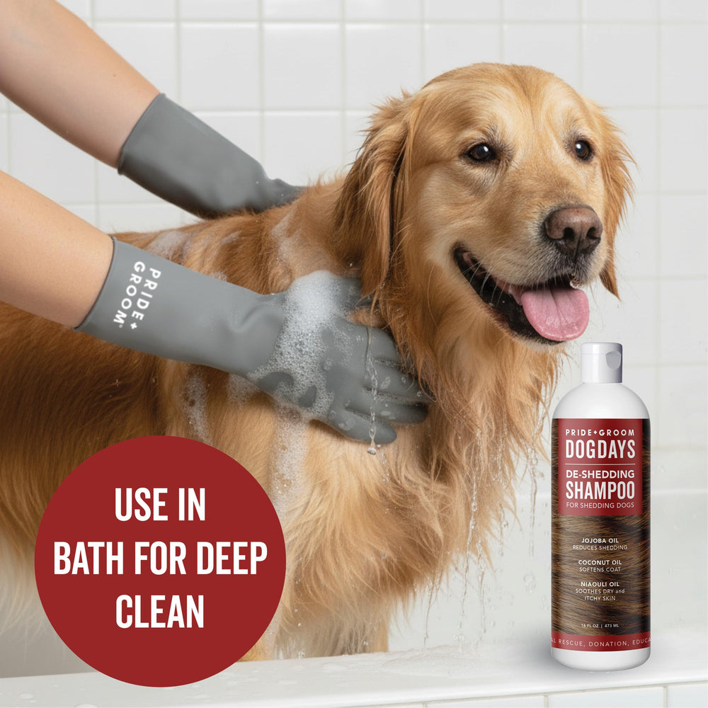 PRIDE AND GROOM DogDays Scrub Kit loosening undercoat for smoother brushing.
