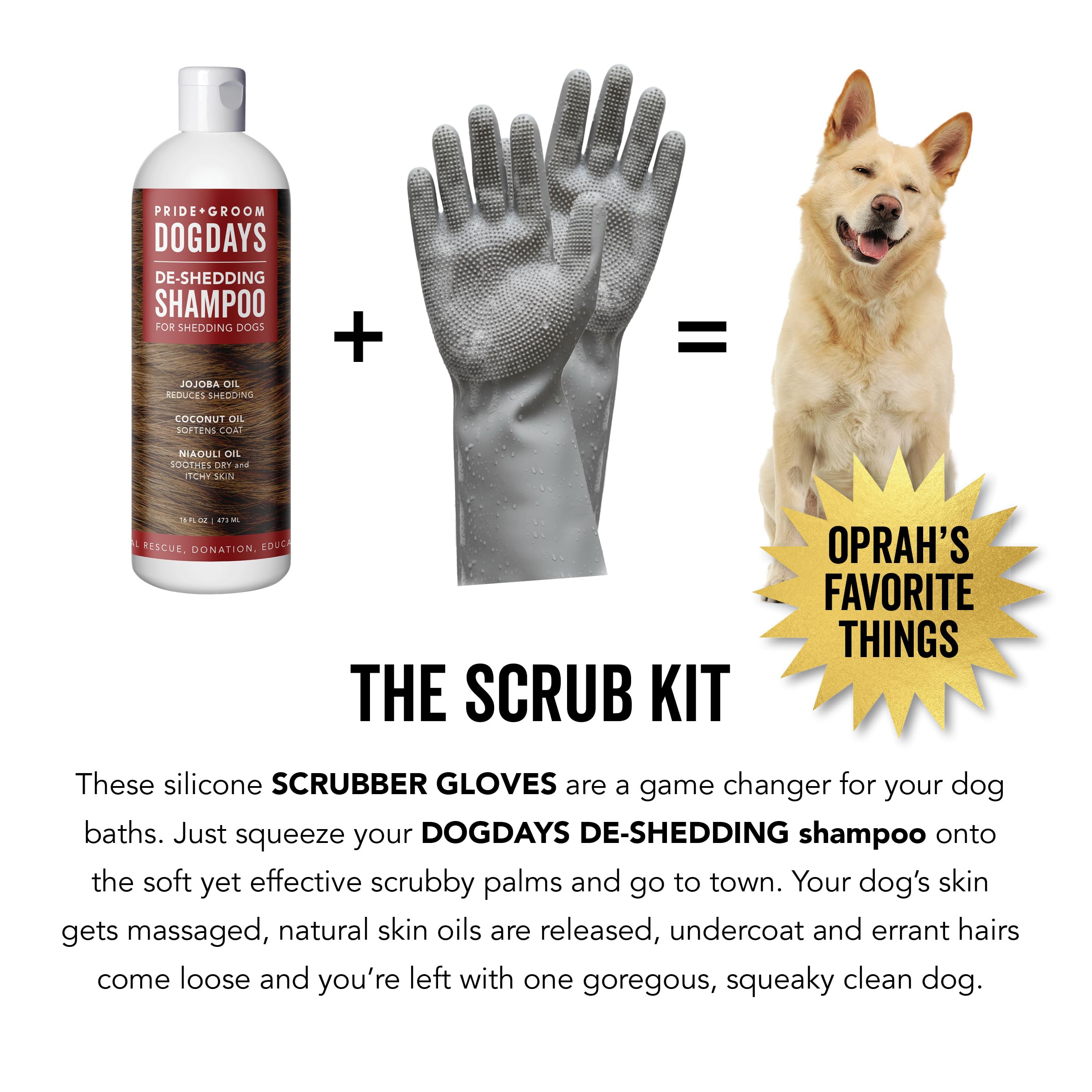 PRIDE AND GROOM DogDays Scrub Kit silicone gloves close-up for detangling and soothing coat massage.