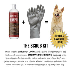 PRIDE AND GROOM DogDays Scrub Kit silicone gloves close-up for detangling and soothing coat massage.