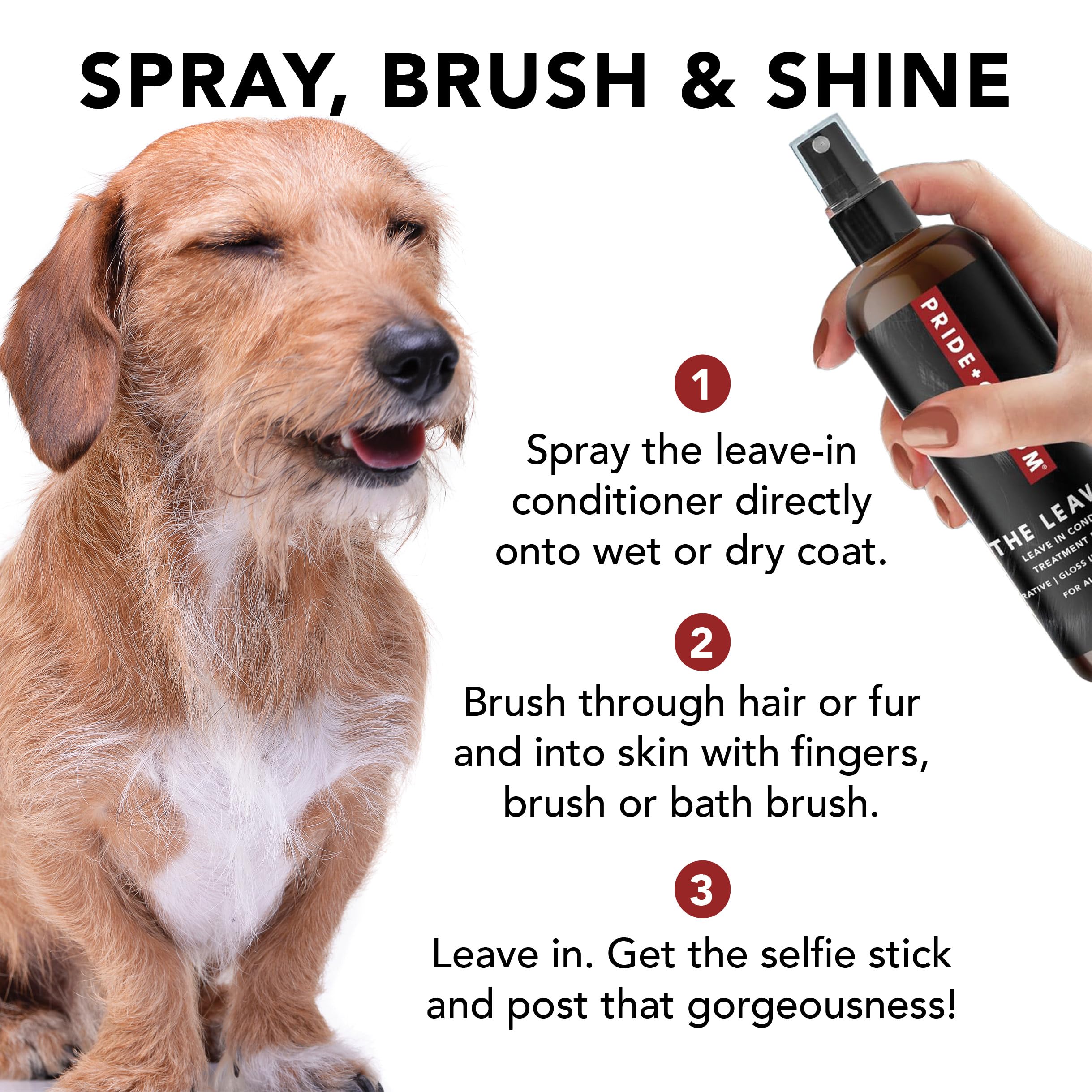 PRIDE AND GROOM Leave In bottle beside tub highlights post-bath refresh and detangling.