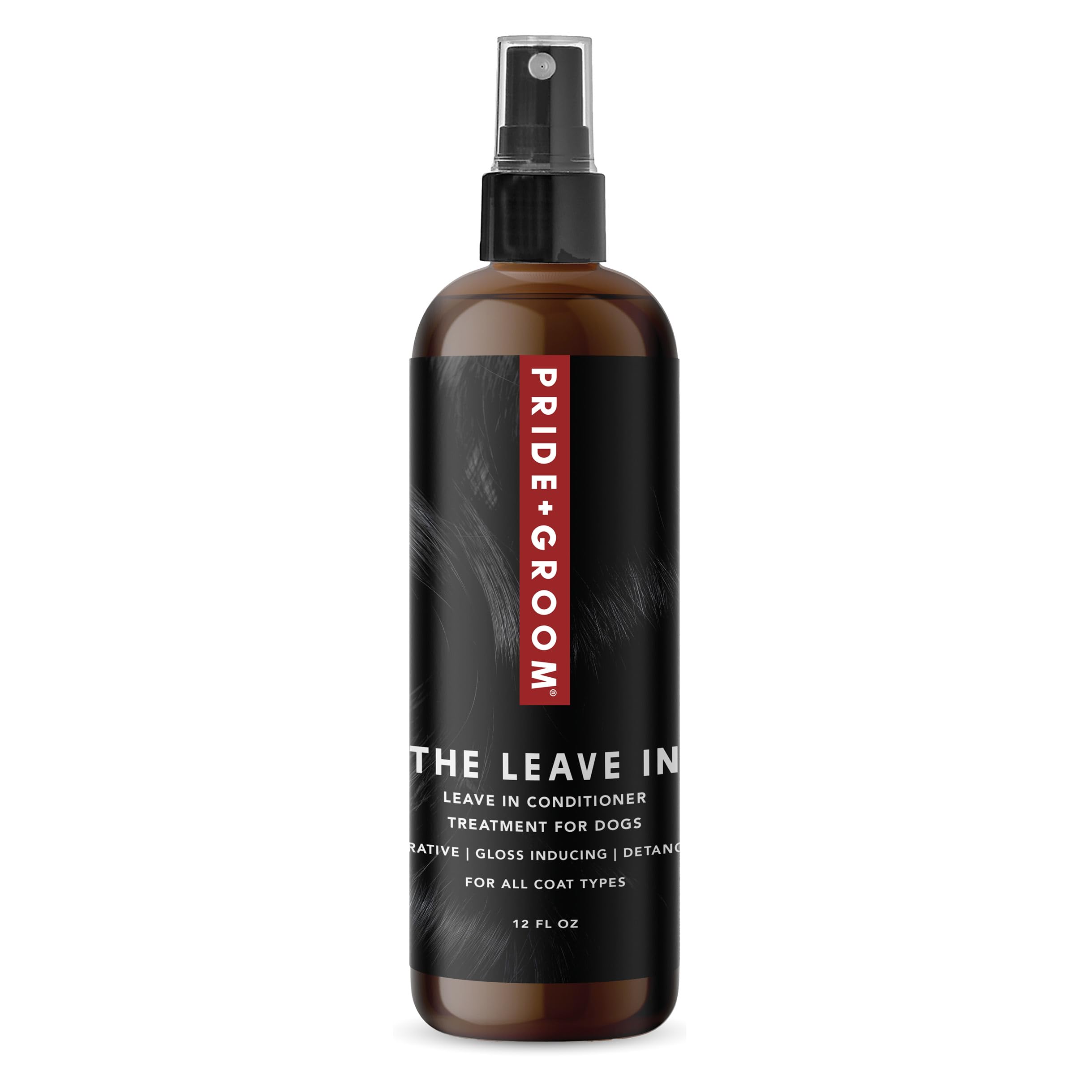 PRIDE AND GROOM Leave In bottle pour demonstrates detangling and easy grooming.