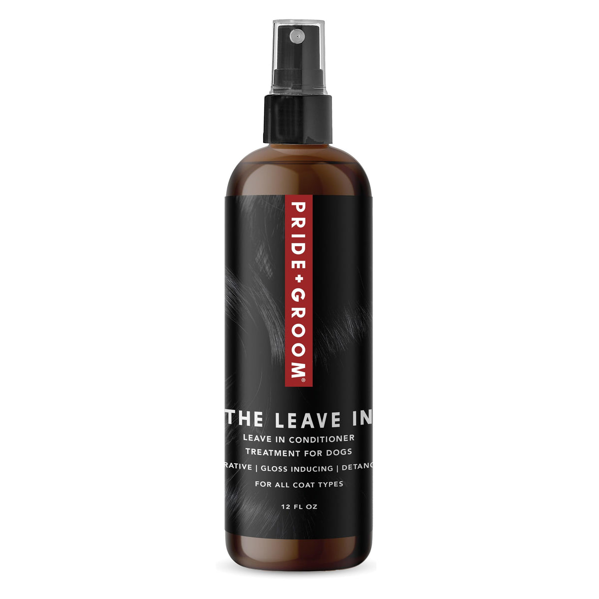 PRIDE AND GROOM Leave In bottle pour demonstrates detangling and easy grooming.