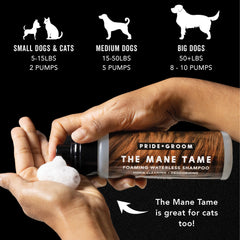 Pride and Groom Mane Tame coated-pet image demonstrates residue-free clean between baths.