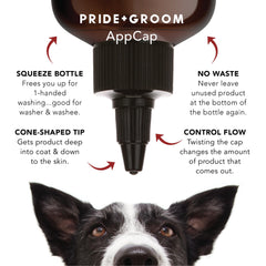 Pride and Groom Shedder AppCap close-up showing flow control feature for 16oz