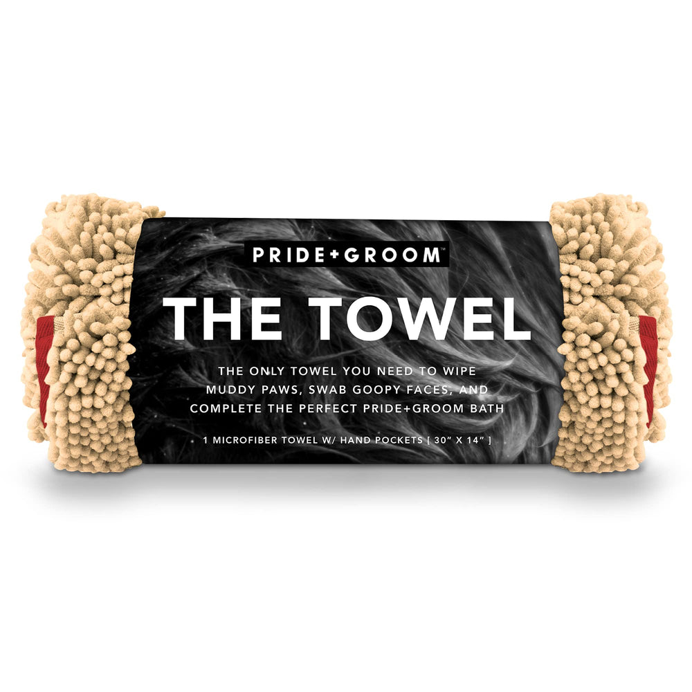 PRIDE AND GROOM The Towel showing thick soft microfiber for gentle post-bath drying.