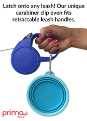Prima Pets travel bowl with carabiner clip attached to leash