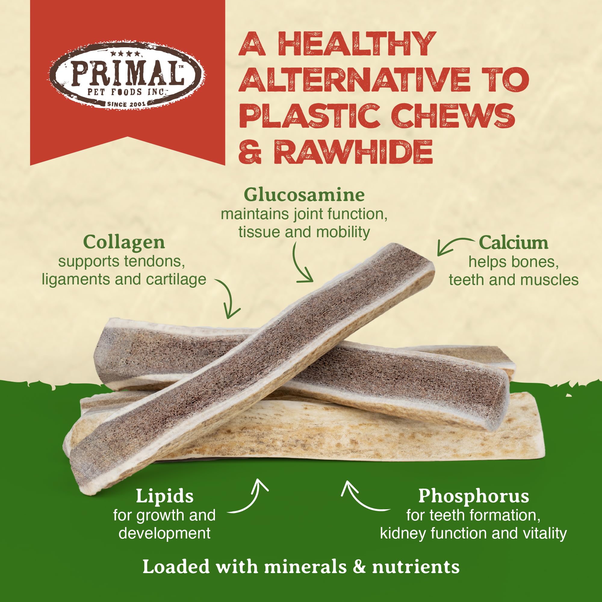 Primal Antlers for Dogs 15-30lb size label closeup demonstrating medium-dog suitability.