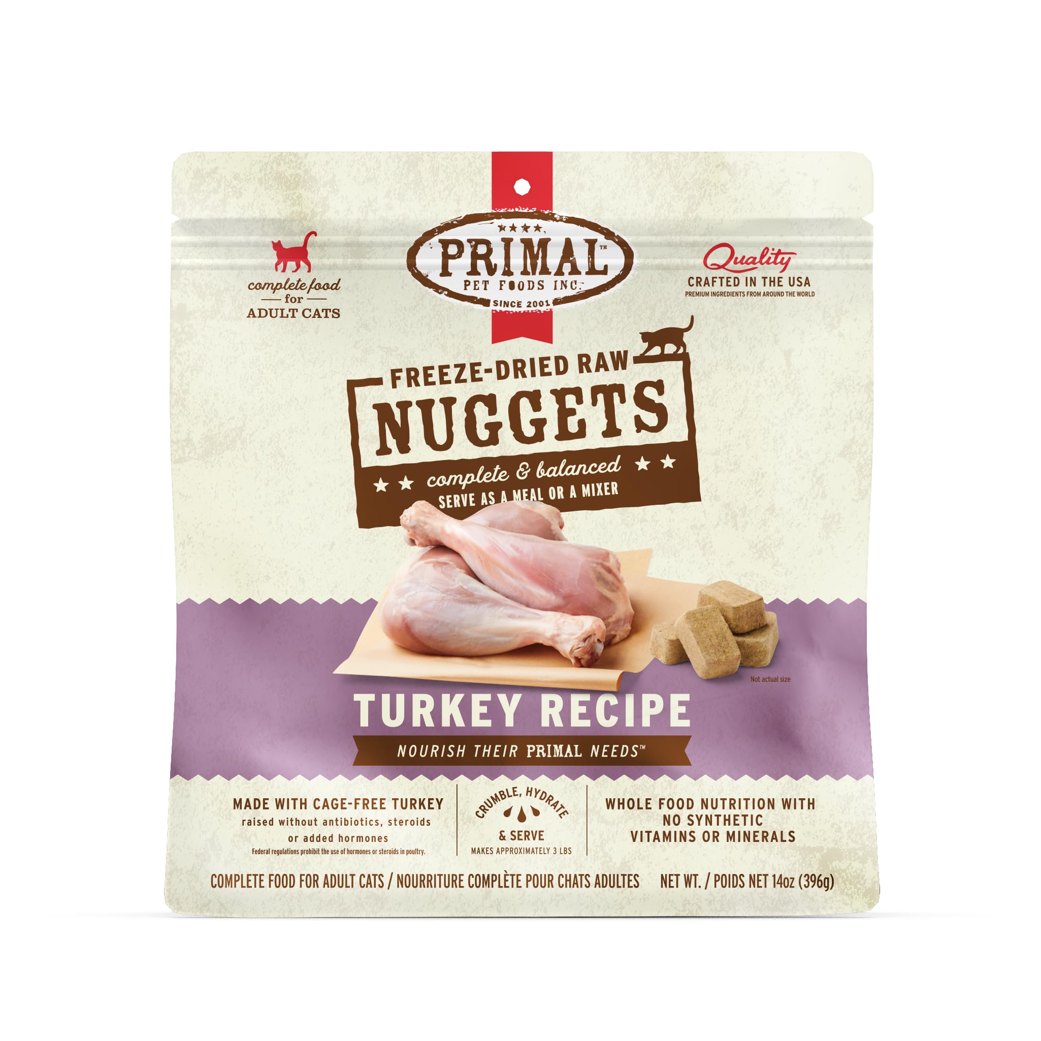 Primal Pet Foods turkey nuggets packaging highlights grain-free, premium cat nutrition.