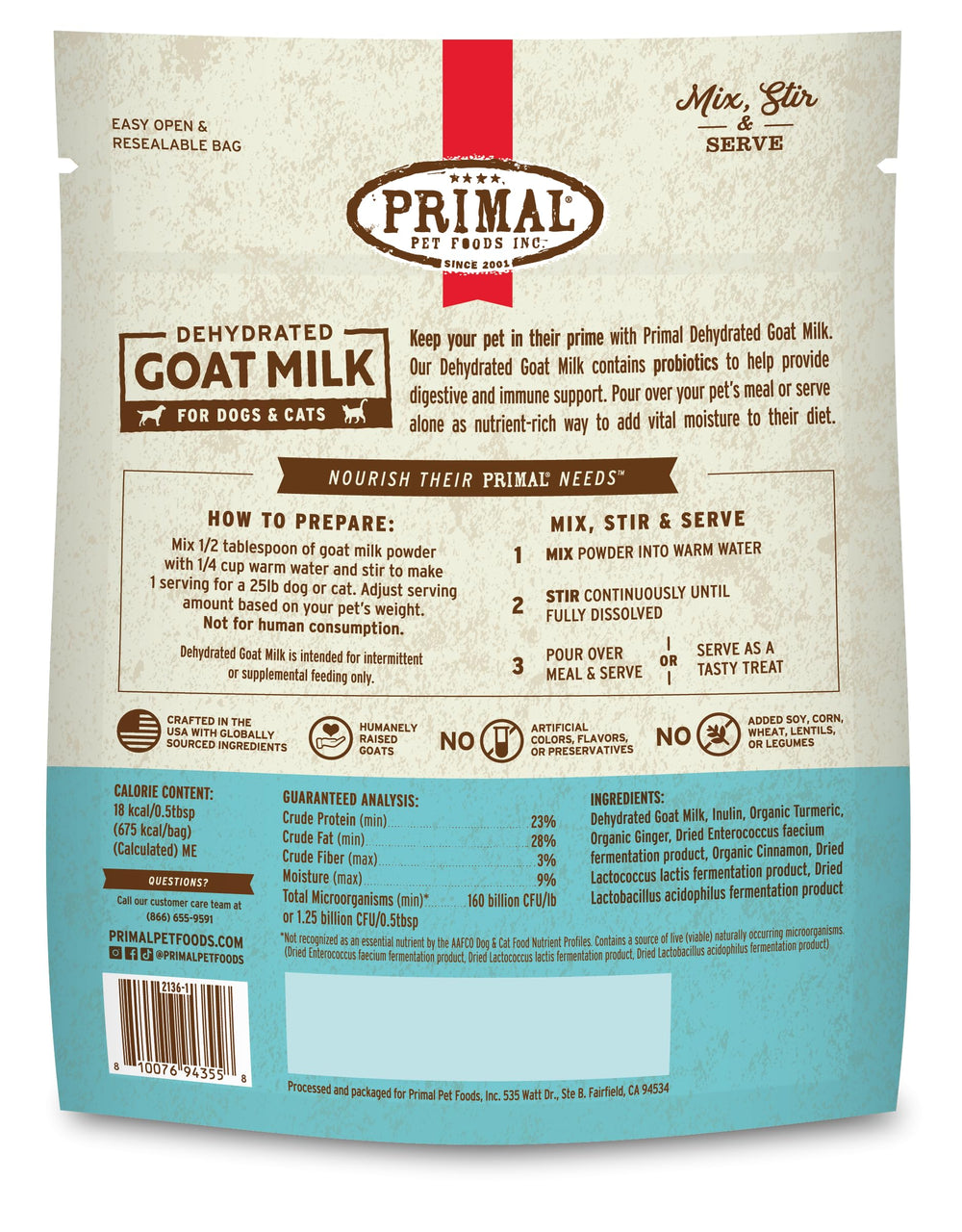 Primal Goat Milk Powder packaging shows shelf-stable format for home or travel.