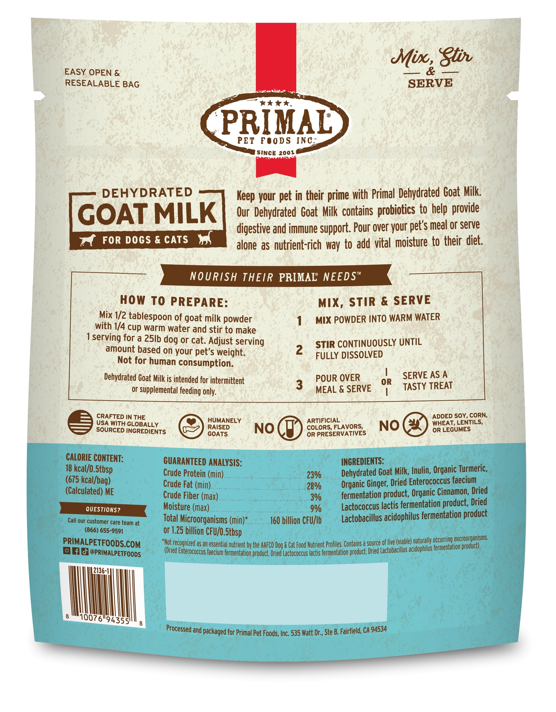 Primal Goat Milk Powder helps hydration and palatability for dogs and cats