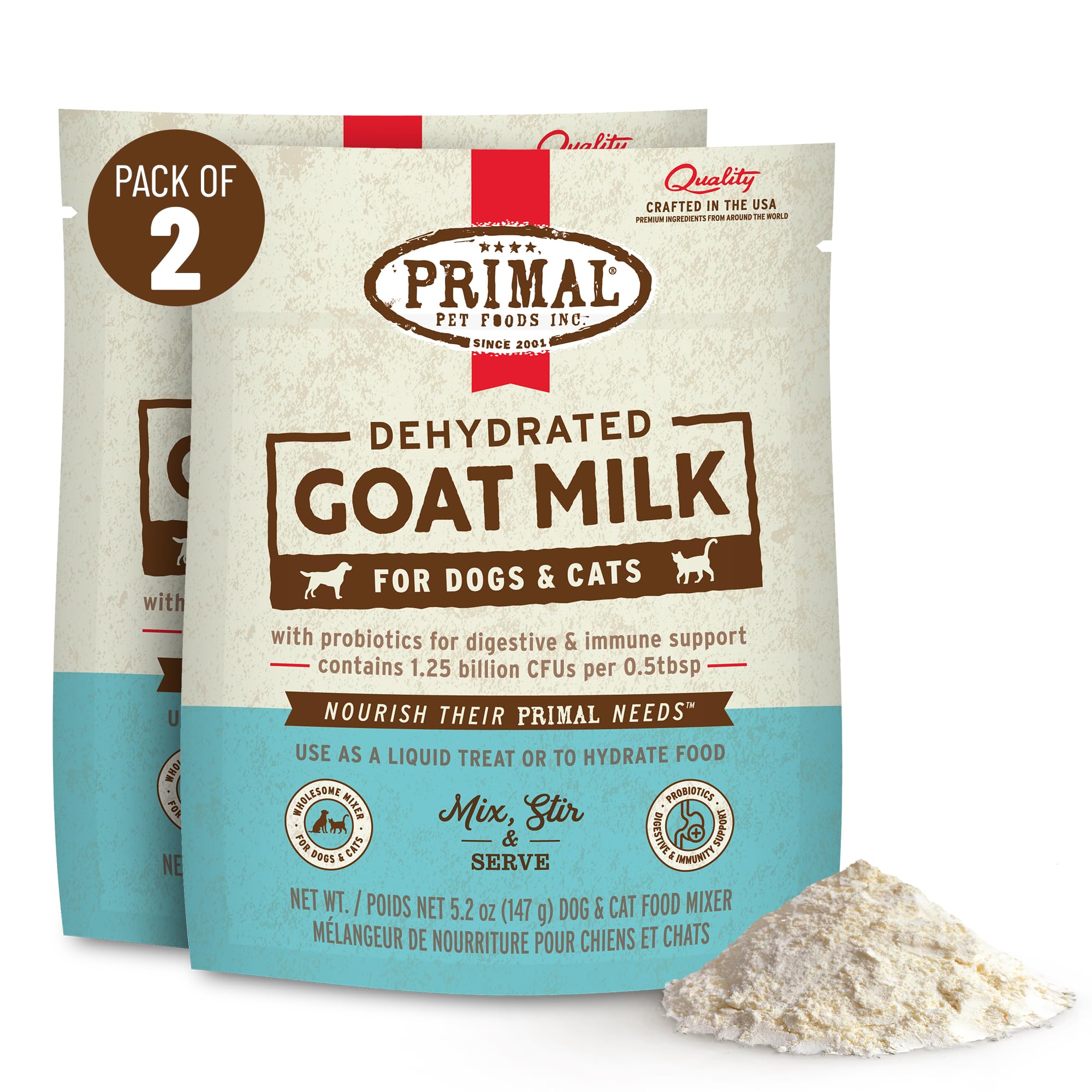 Primal Goat Milk Powder topper being stirred with warm water for hydration support