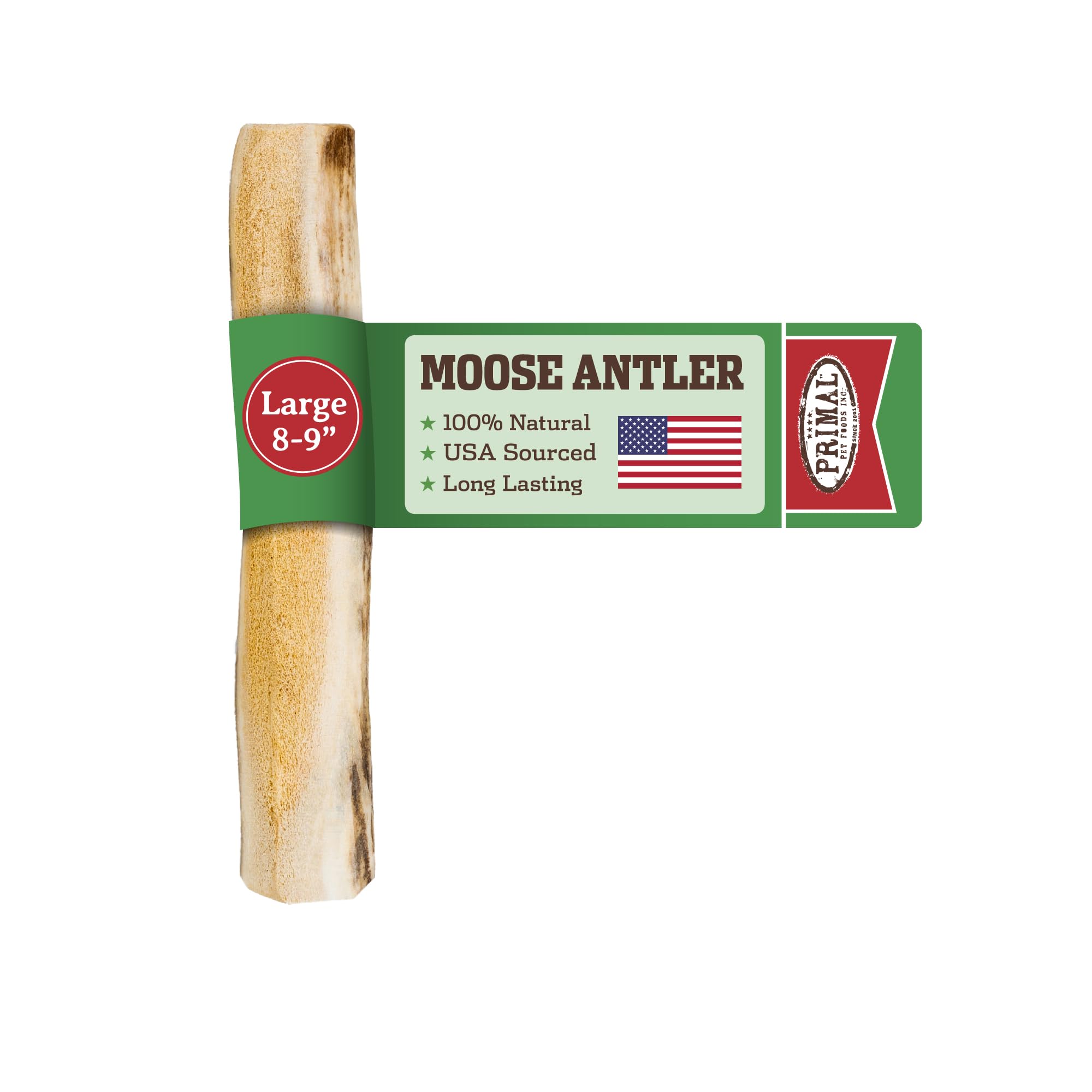 Primal Pet Foods antlers split-moose close-up show durable chew for large dogs.