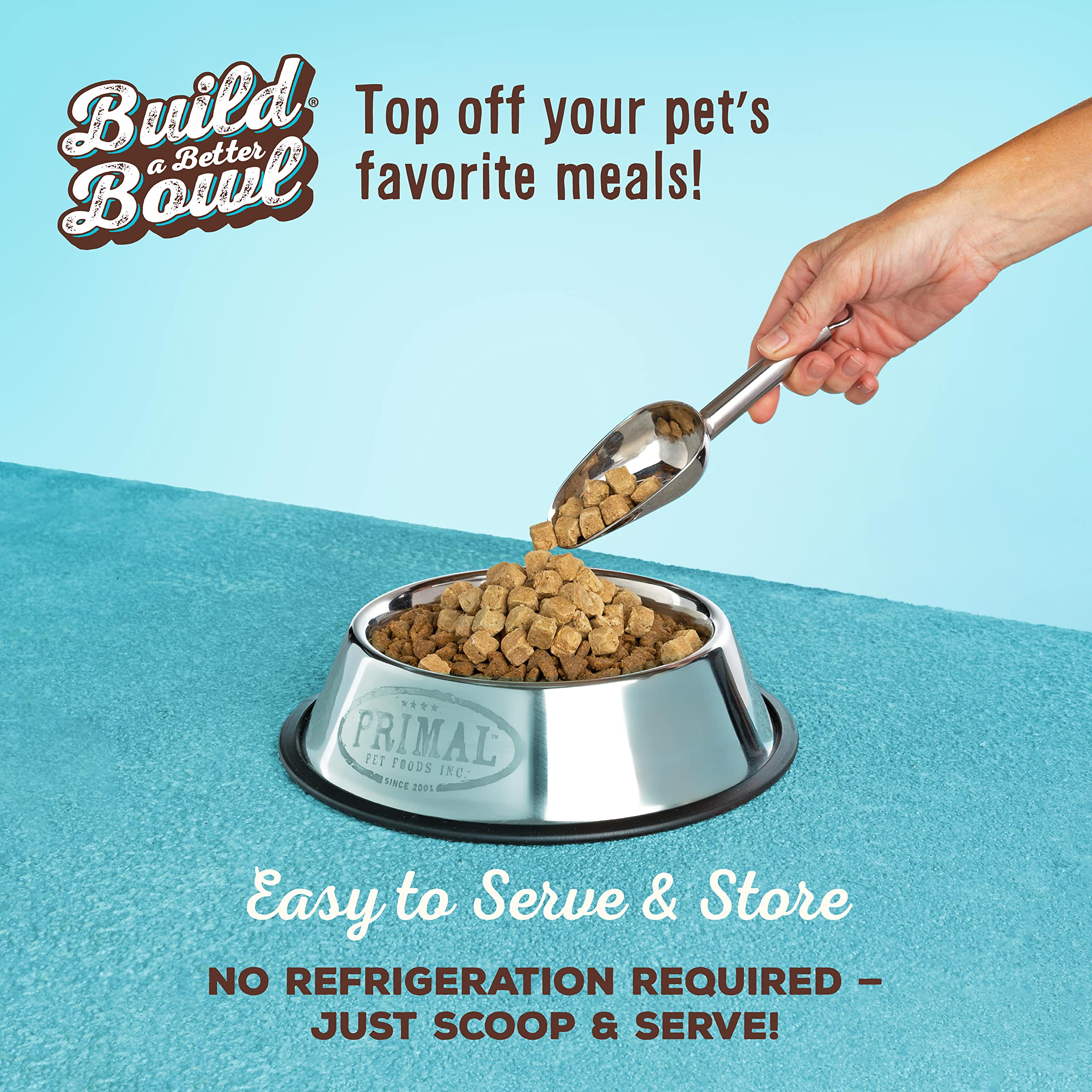 Primal Pet Foods cat toppers fish bowl; enticing grain-free meal boosters for picky eaters.