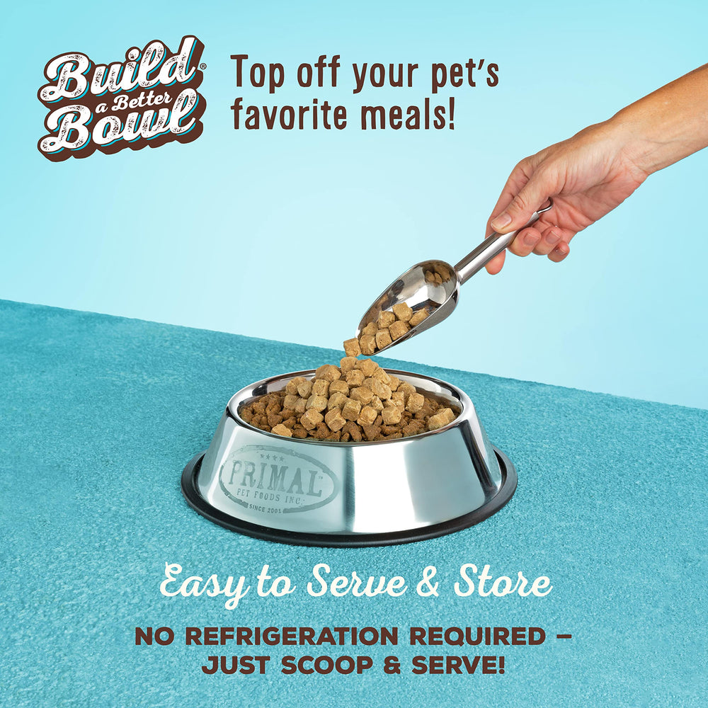 Primal Pet Foods cat toppers fish bowl; enticing grain-free meal boosters for picky eaters.