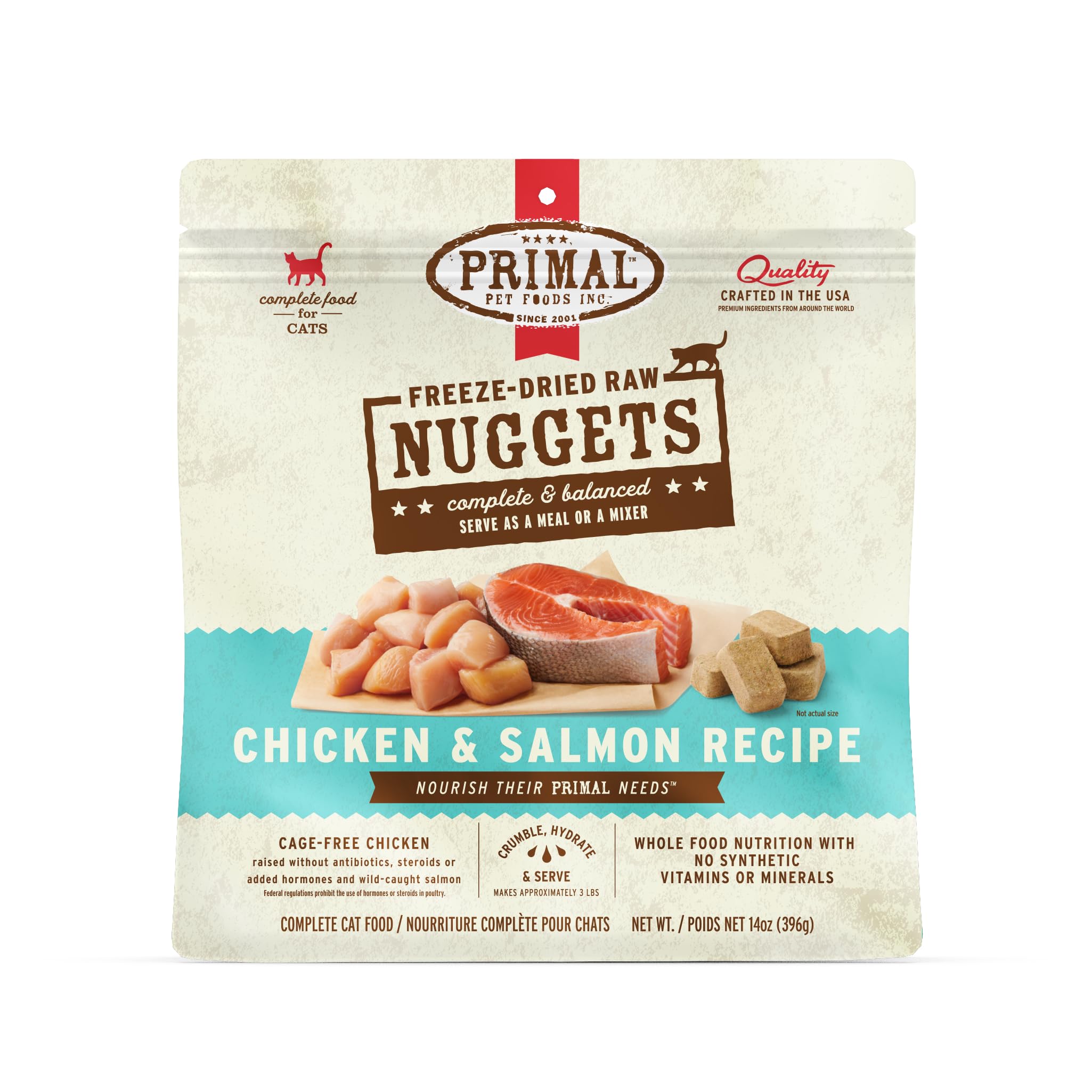 Primal Pet Foods freeze-dried raw cat food nuggets featuring chicken and salmon for balanced nutrition.