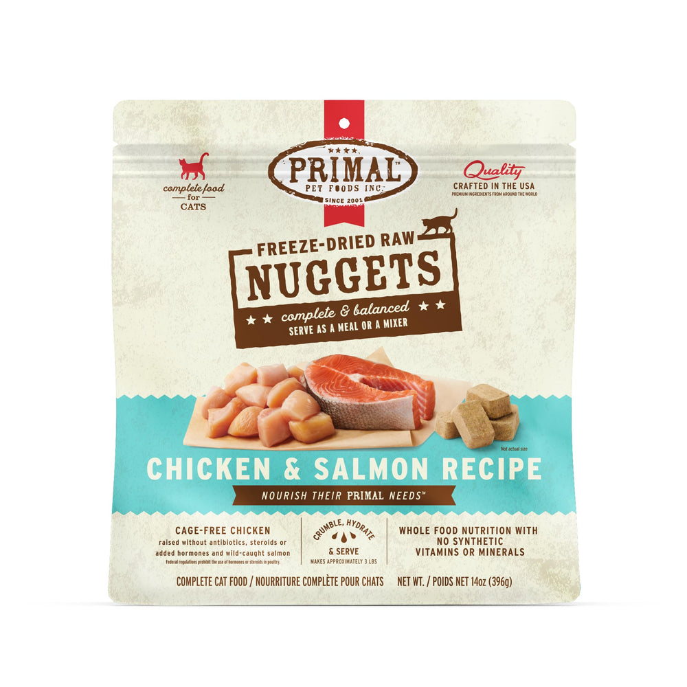 Primal Pet Foods freeze-dried raw cat food nuggets featuring chicken and salmon for balanced nutrition.