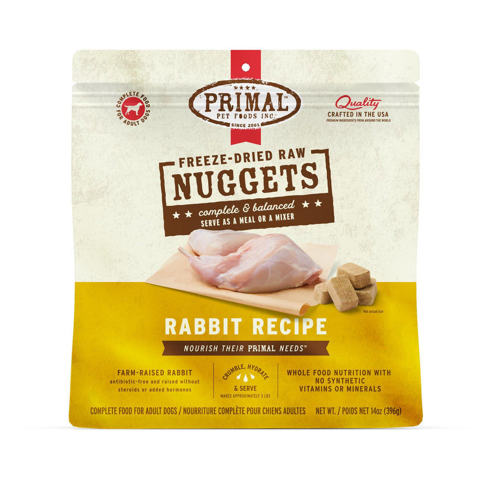Primal Pet Foods freeze-dried rabbit nuggets pack for complete meal option