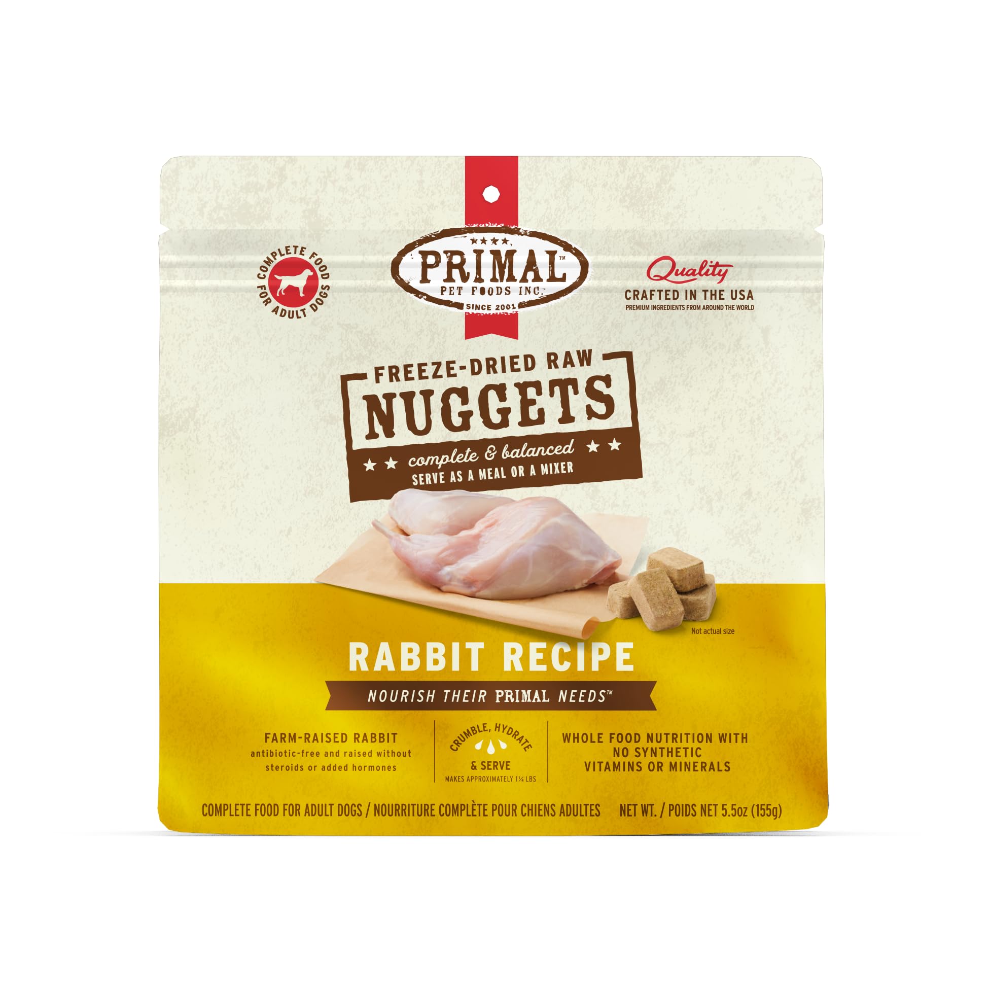 Primal Pet Foods rabbit nuggets in bowl—grain-free complete meal option for dogs.