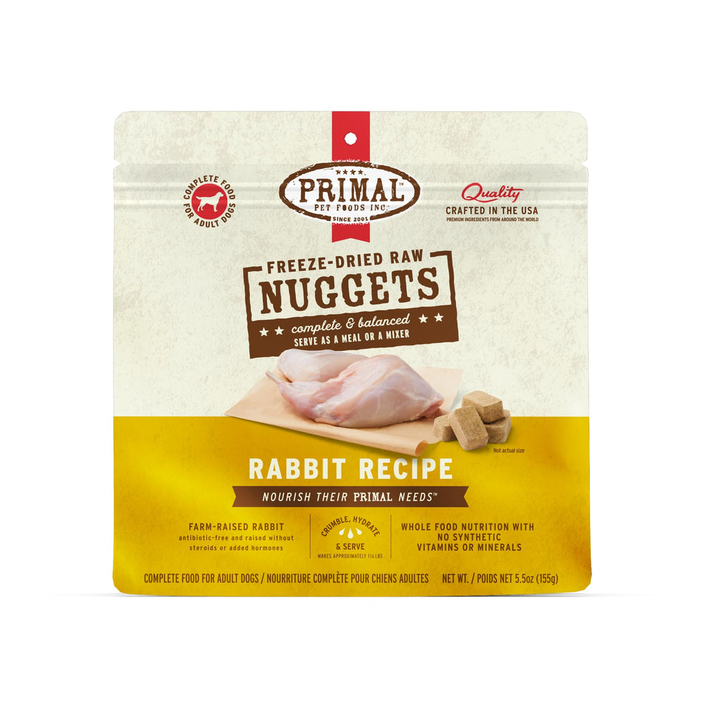 Primal Pet Foods rabbit nuggets in bowl—grain-free complete meal option for dogs.